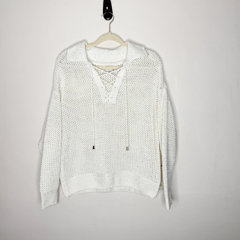 Joie Women's Ivory Open-Knit Sparkle Collared Pullover Sweater Size Large NWT